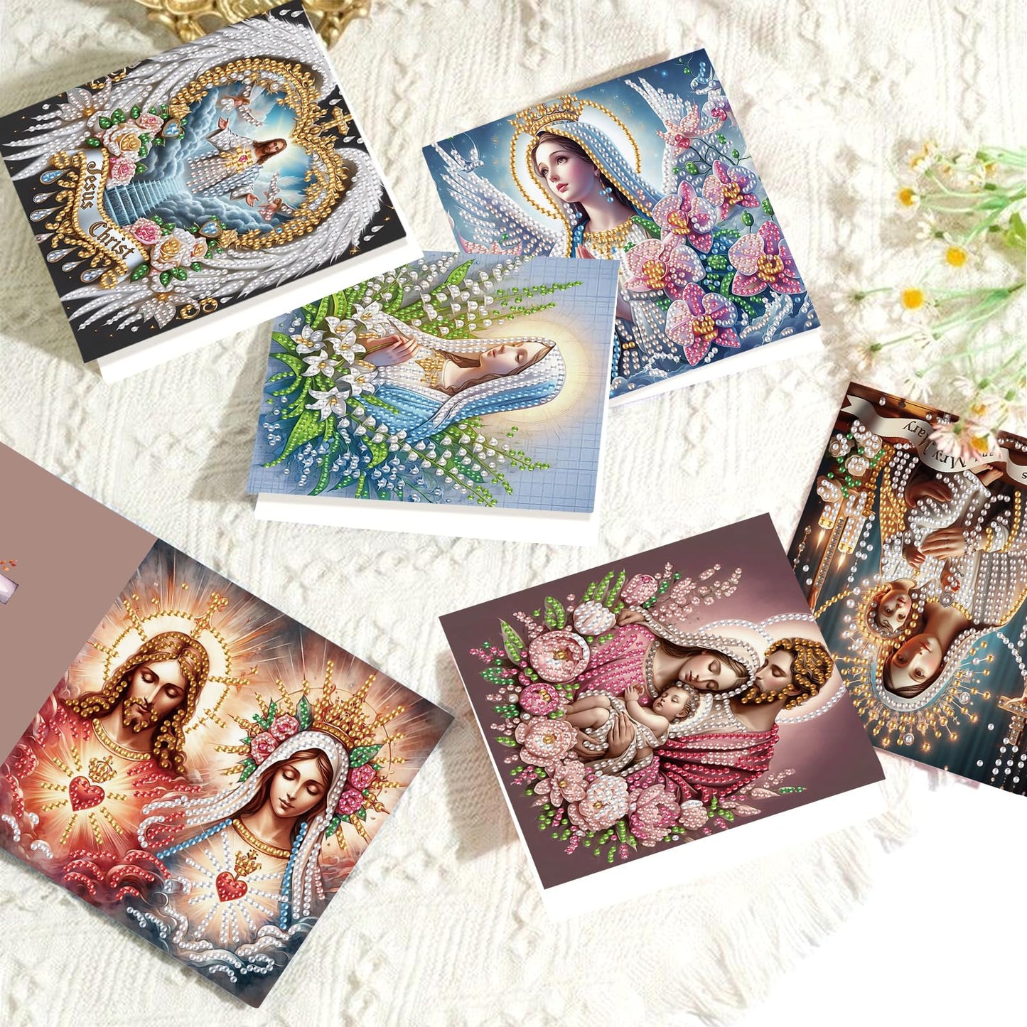 6 Pcs 5D Rhinestone Painting Greeting Cards Kits, Handmade Diamond Art Greeting Cards with Envelopes Holographic Laser Effect DIY Diamond Art Crafts Birthday Cards for Festival Celebrations (Religion)