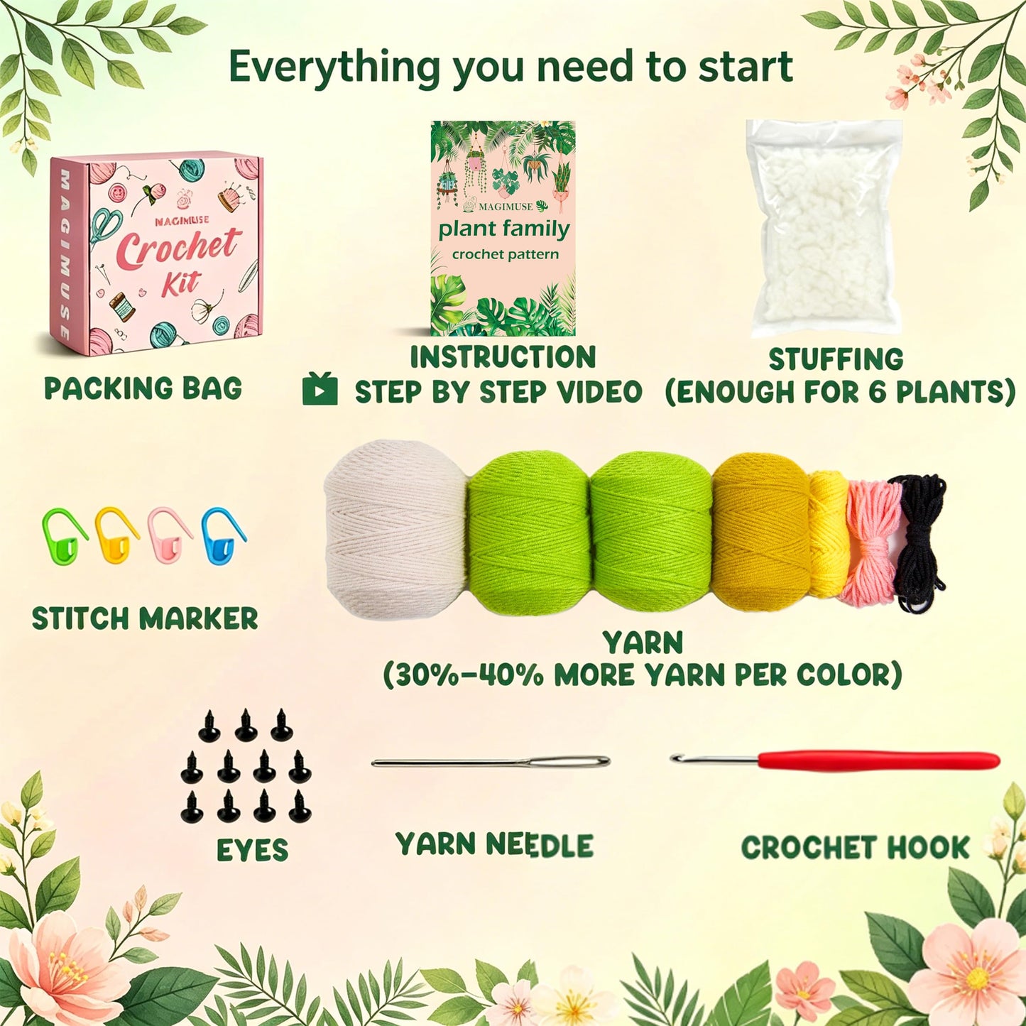 MAGIMUSE Crochet Kit for Beginners,Crochet Starter Kits with Step-by-Step Video Tutorials, DIY Craft Kits Amigurumi Knitting Supplies, Monstera Plant Family (40%+ Yarn)