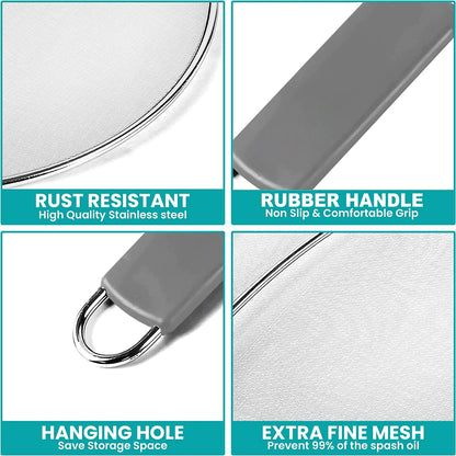 13" Grease Splatter Screen for Cooking | Stainless Steel Oil Splatter Guard and Ultra-Fine Mesh Protects Skin from Burns | TPR Tight-Grip Handle (Grey)