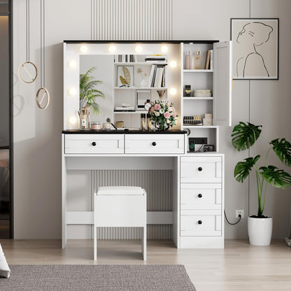 GarveeHome Makeup Vanity Desk and Stool, Vanity Desk with Lights, Vanity Table Set with Charging Station, Drawers and Hidden Storage Shelves, White