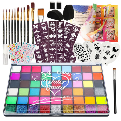 Pintada 54 Color Face Painting Kit for Kids - Non Toxic Water Activated Face Paint Palette with Stencils, Brushes, Gems & Book. For Halloween, Carnival, Party; Costume Makeup for Creative Activities