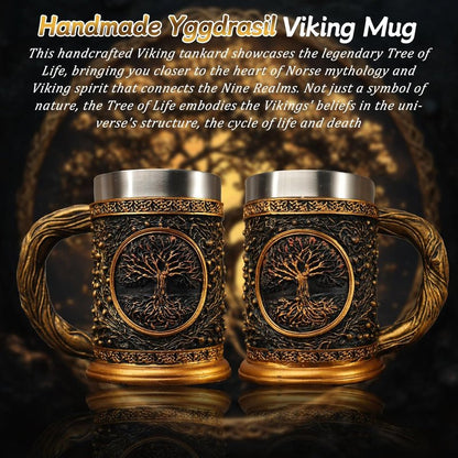 Original Handmade Viking Mug - 20oz Yggdrasil Tree of Life Beer Tankard - Stainless Steel Medieval Celtic Pirate Heavy Cup - Norse Mythology Decor Gifts for Men Women