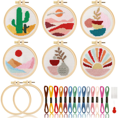 ZOIIWA 6PCS Cross Kits for Beginners DIY Embroidery Kit for Adults Boho Cross Kits Christmas Birthday Gift Abstract Landscape Needlepoint Patterns with 2 Embroidery Hoops Craft Supplies
