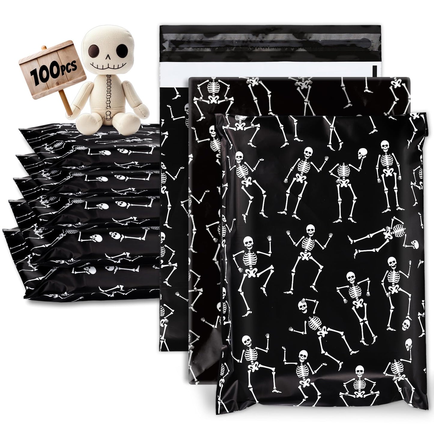 JarThenaAMCS 100Pcs Halloween Poly Mailers 10 x 13 Inch Black Dancing Skeleton Packaging Bags Self Seal Mailing Envelope Bags for Small Business Clothing