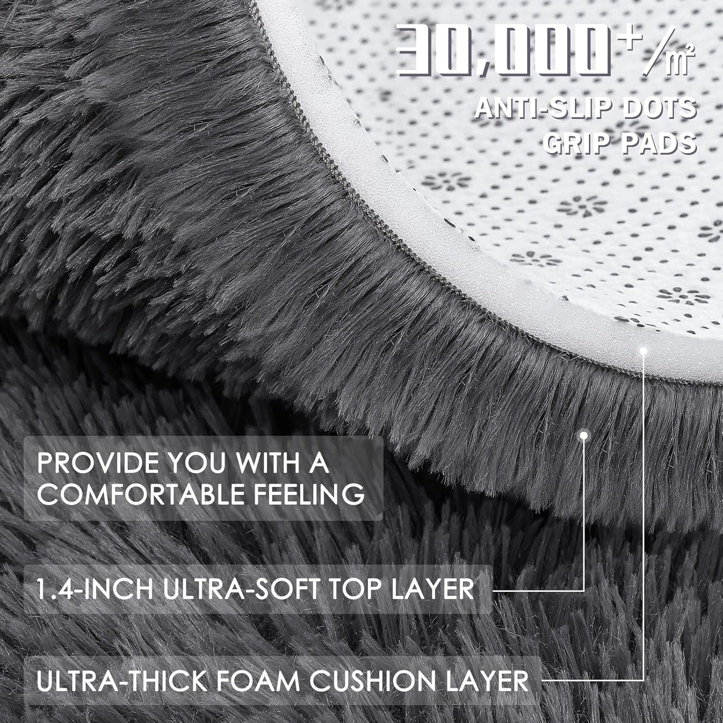 OLANLY Grey Round Area Rug - Soft, Fluffy, Machine Washable 3 ft Circle Carpet for Bedroom & Living Room