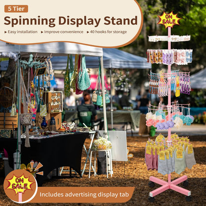 Flenpptly Retail Display Stand, 5-Tier Rotating Display Rack for Store Display, Movable and Adjustable Spinning Display Stand for Earrings, Jewelry, Keychains, Socks Display (Pink)