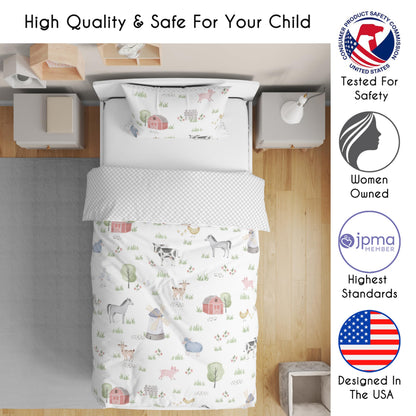 Sweet Jojo Designs Farm Animals Boy Girl Toddler Kid Childrens Comforter Bedding Set - 5 Pieces Comforter, Sham and Sheets - Watercolor Farmhouse Lattice Horse Cow Sheep Pig