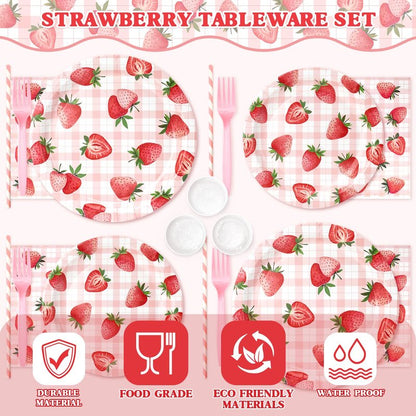 144 Pcs Strawberry Plates and Napkins Tableware Set, Plates Napkins Cups Straws and Forks Sets, Strawberry Party Birthday Supplies, Shortcake Birthday Decorations, Serves 24 Guests