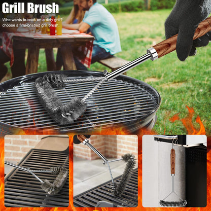 RINPIR 31pcs BBQ Grill Accessories Set for Men Dad, Heavy Duty Grilling Tools Gifts for Fathers Day, Stainless Steel BBQ Utensils Kit with Mats, Grill Brush in Carrying Bag Brown