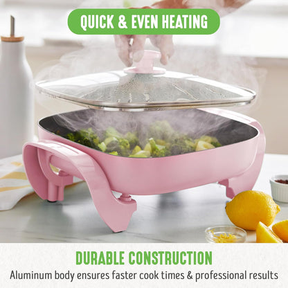 GreenLife 12" 5QT Square Electric Skillet – Glass Vented Lid, Ceramic PFAS-Free Nonstick, Adjustable Temperature