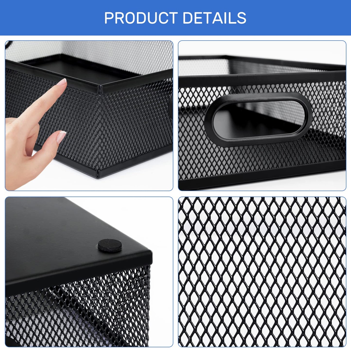 Neudeco Desk Drawer Organizer, 4 Pack Metal Mesh Drawer Organizer Set with Adjustable Dividers, Stackable Pen Organizer for Desk Drawer, Office Supplies Organizer, Black
