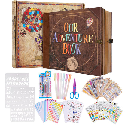 Our Adventure Book 8.9 x 7.9 Inch 80 Pages Scrapbook Photo Album with Scrapbooking Supplies, 3D Retro Embossed Letter Leather Hard Cover Movie Up Travel Journal Memory Book For Couples，Christmas gifts