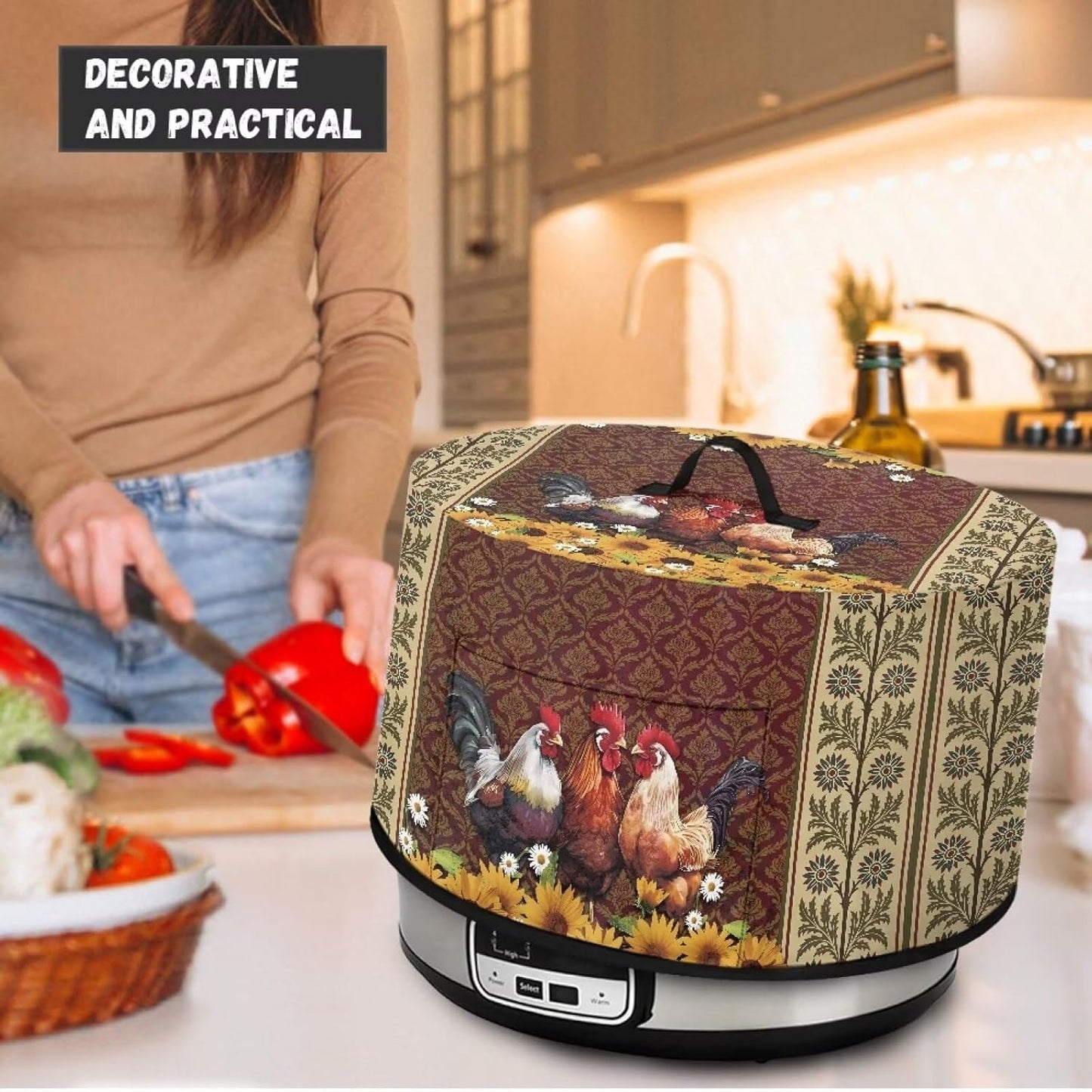 Roosters Dust Cover for Small Kitchen Appliances, Fits Most 6-8 Quart Oval Slow Cookers, Pockets & Top Handle