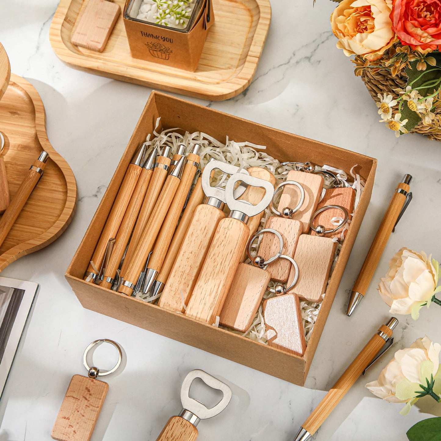 SiliFine 60 Pcs Laser Blanks Product Laser Engraving Material Kit Including DIY Wooden Blank Bottle Opener, Wooden Keychain, and Bamboo Pen for Kitchen Wedding Party Bar Home Craft