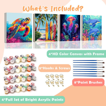 4 Pack Paint by Numbers Kit for Kids Easy Kid Paint by Number Kits Ages 8-12 Beach DIY Painting Kits for Kids Age 4-8 Beginner Paint by Number Canvas with Frame Children Color by Numbers Kit 8x8 Inch