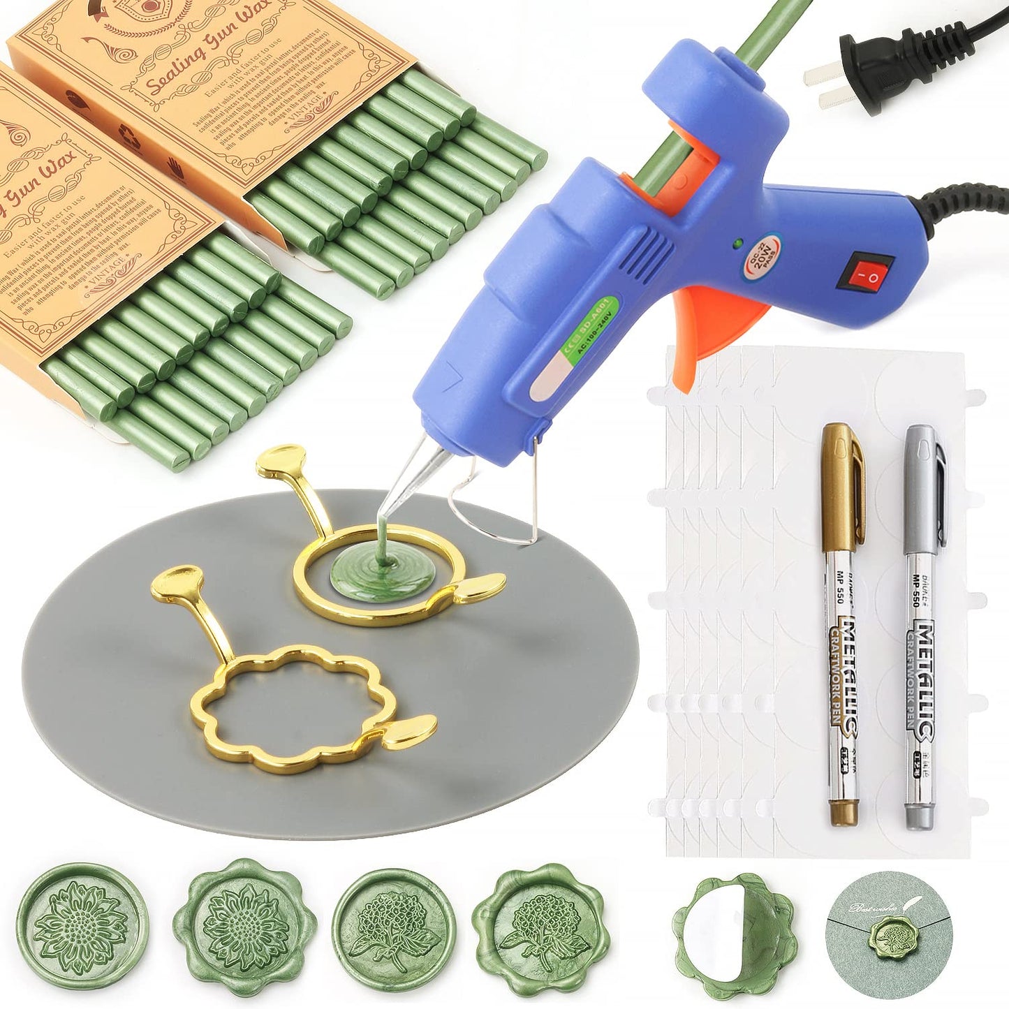 Wax Seal Kit, WASOHLING 40Pcs Pine Green Sealing Wax Sticks with Glue Gun, Wax Seal Molds, Silicone Waxing Mat, Marker Pens, Premium Kit for Wedding Invitations Envelopes Cards (Pine Green)