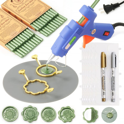 Wax Seal Kit, WASOHLING 40Pcs Pine Green Sealing Wax Sticks with Glue Gun, Wax Seal Molds, Silicone Waxing Mat, Marker Pens, Premium Kit for Wedding Invitations Envelopes Cards (Pine Green)