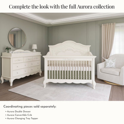 Evolur Aurora 5-in-1 Convertible Full-Size Baby Crib in Ivory Lace, GreenGuard Gold & JPMA, 3 Mattress HeightsRibbon Bow Scrollwork & Queen Anne Feet, Converts to Toddler, Day & Full-Size Bed