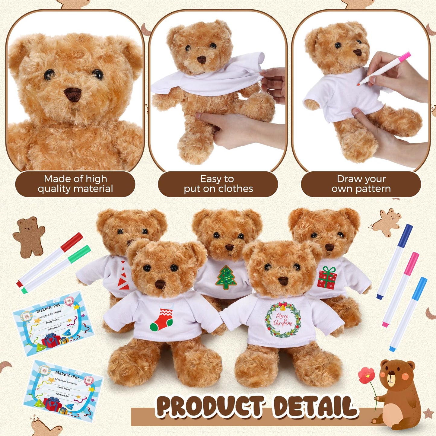 Blueweenly 20 Pcs 5 Set Graduation Make Your Own Stuffed Animal Teddy Bear Kit Including 5 9.84 Inches Velvet Animal with T Shirts and Markers for Graduates DIY Craft Gift(Brown,Bear)