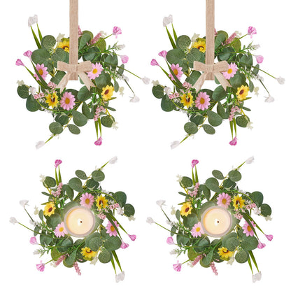 Spring Summer Wreath 4Pcs, 11.8 Inch Summer Wreath with Ribbon, Artificial Daisy Eucalyptus Leaves Grass Wreath, Hanging/Tabletop/Candle Ring Decor for Home Front Door, Porch, Wall, Window, Cabinets