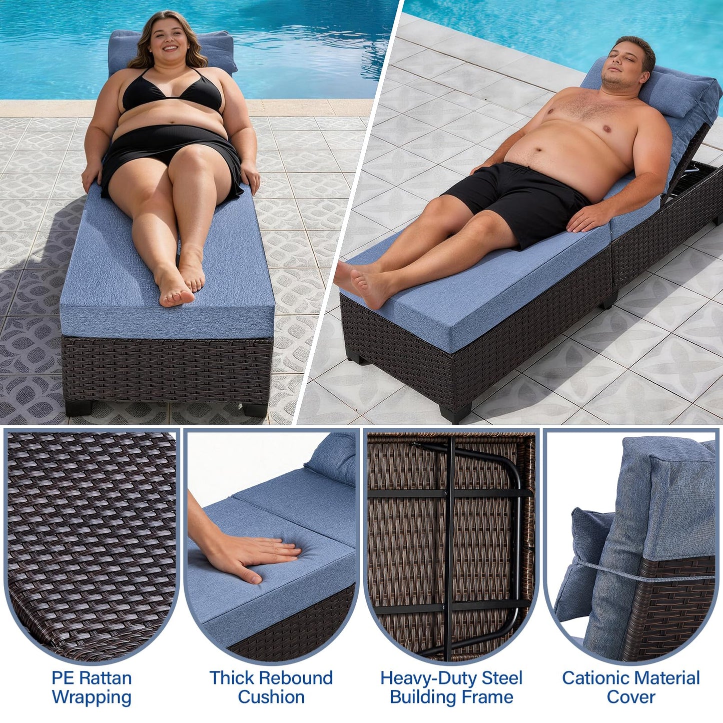 Ligescel Outdoor Chaise Lounge Chair, Patio Rattan Adjustable Recliner with 5-Inch Thick Cushion, Heavy Duty Metal Lounger for Pool Beach Yard (Blue)