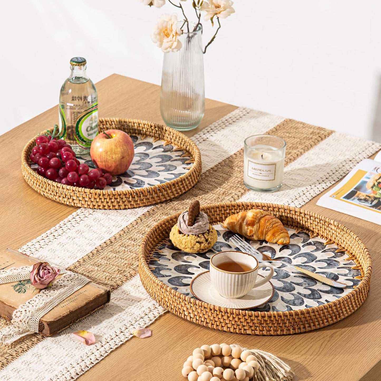 12'' Round Rattan Tray Home Decor, Wicker Serving Tray with Mother of Pearl Inlay, Boho Decorative Tray for Coffee