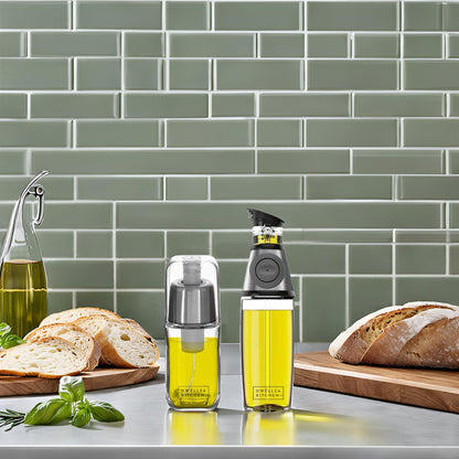 DWËLLZA KITCHEN Olive Oil Dispenser Bottle For Kitchen & Sprayer For Cooking - 2 In 1 Glass 17 Oz. Cooking Oil/Syrup Dispenser With Measurements & 6 Oz. Spray Bottle Set
