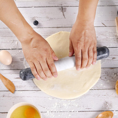 Tianman French Marble Rolling Pin.12 Inchs Marble Rolling Pin for Baking With Wooden Base Holder Stand-Non-Stick Baking Roller for Baking Fondant, Pizza,Cookies,Crust,Pasta(Black-White-Blakc)