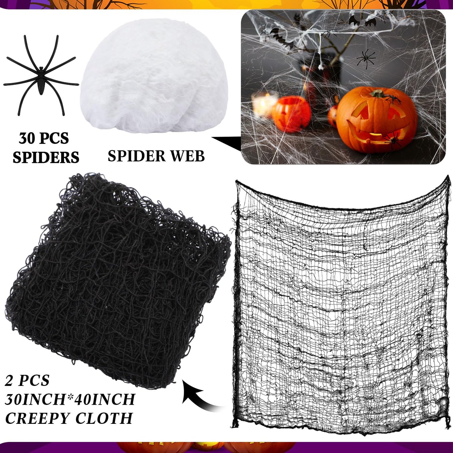 Jenaai 85 Pcs Witch Hat Kit Halloween Decorations Including 16 Hats 36 Bat 30 Fake Spiders 2 Creepy Cloth 60g Spiderweb