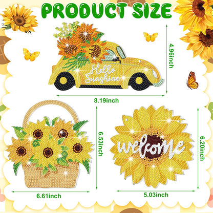 Menkxi 3 Pcs Sunflower Theme Diamond Hanging Kit for Adult DIY Sunflower Painting Diamond Art Flower Crystal Rhinestone Welcome Spring Door Sign Window Wall Hanging Kit Ornament Home Window Decor Gift