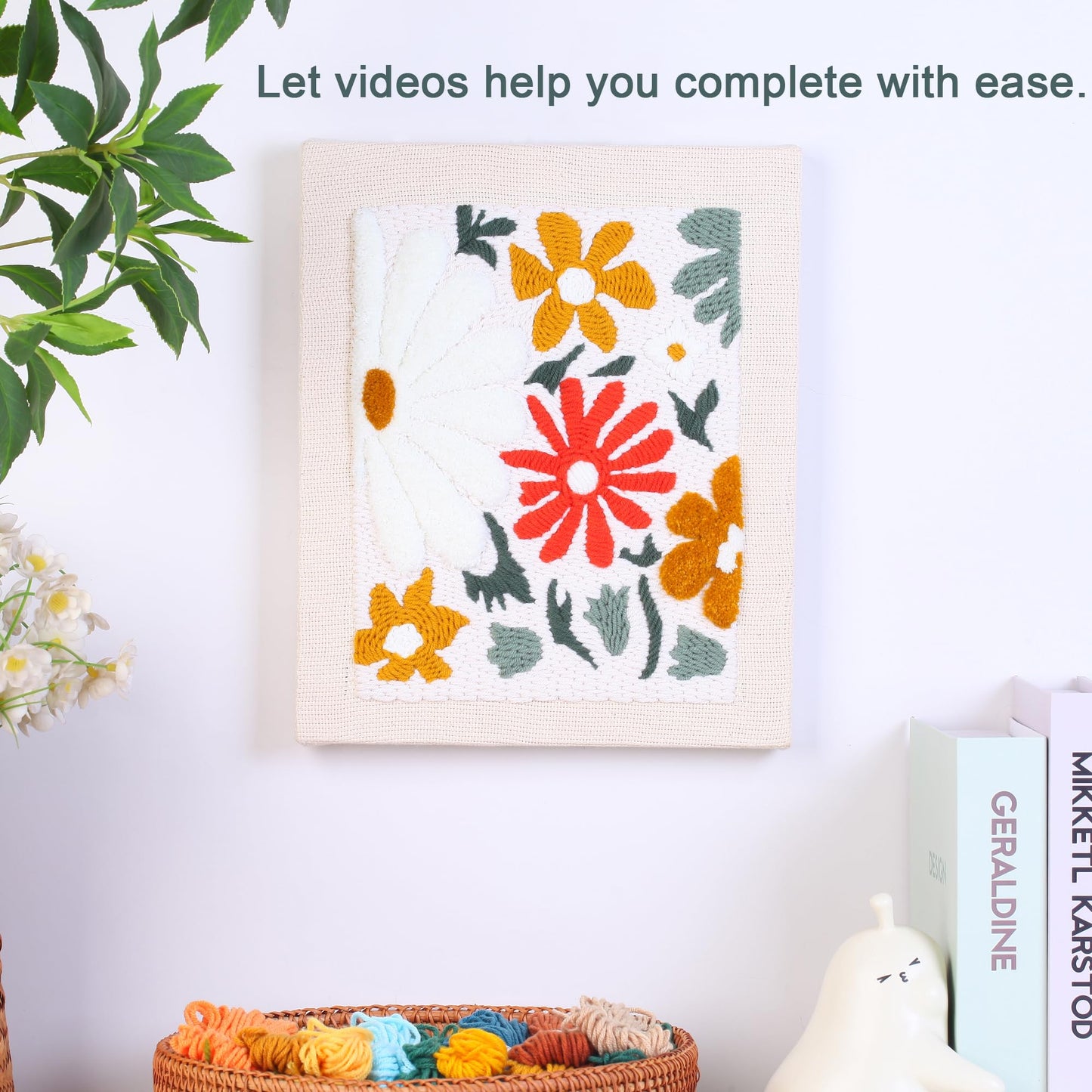 Harimau Punch Needle Kit for Beginners | Punch Embroidery with Red & White Flower Pattern on Beige Backdrop | Craft Kit Includes Embroidery Tools, Yarns,Stitch Book & Video Tutorial | Gifts for Women