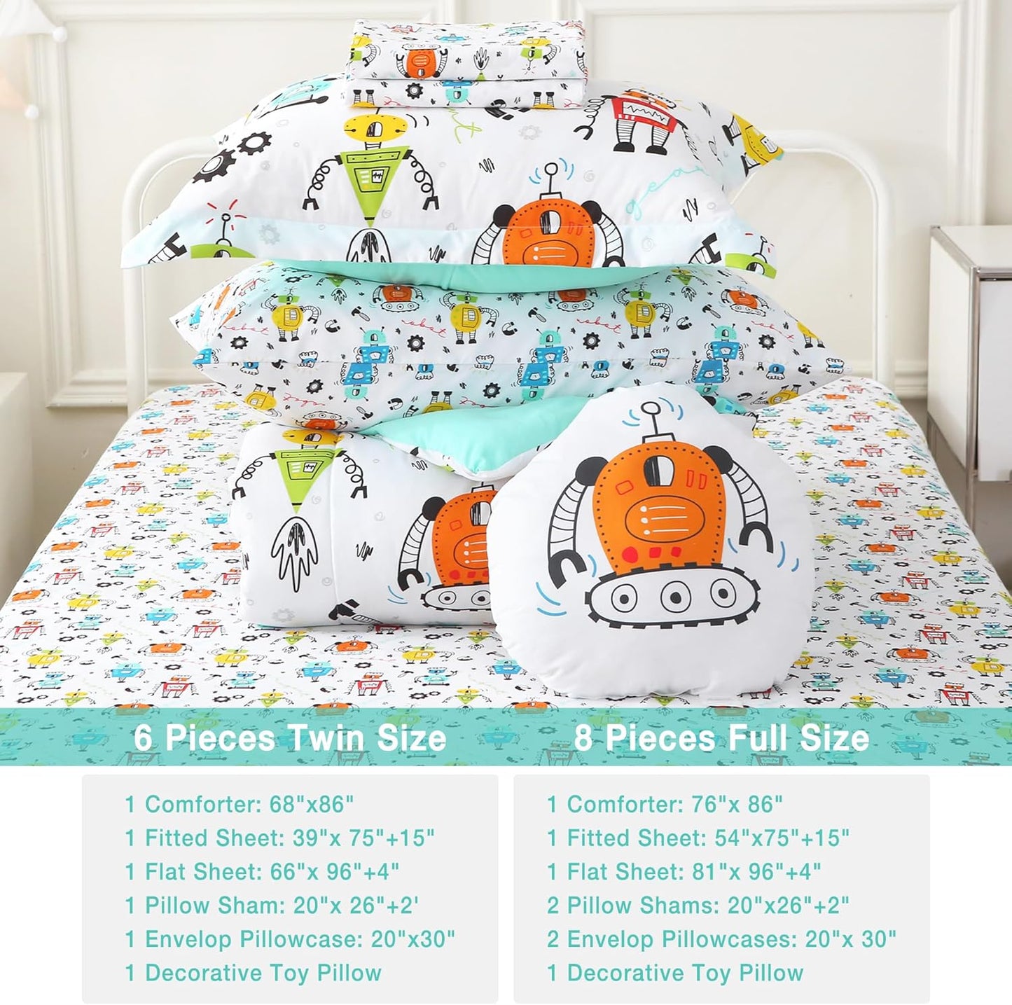 Sets 6 Set Set Mooreeke Twin Size Comforter for Boys Kids, Pieces Bed in a Bag White Robot Bedding Comforter Sheet