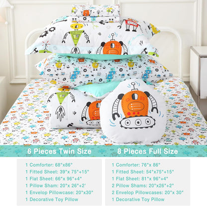 Sets 6 Set Set Mooreeke Twin Size Comforter for Boys Kids, Pieces Bed in a Bag White Robot Bedding Comforter Sheet