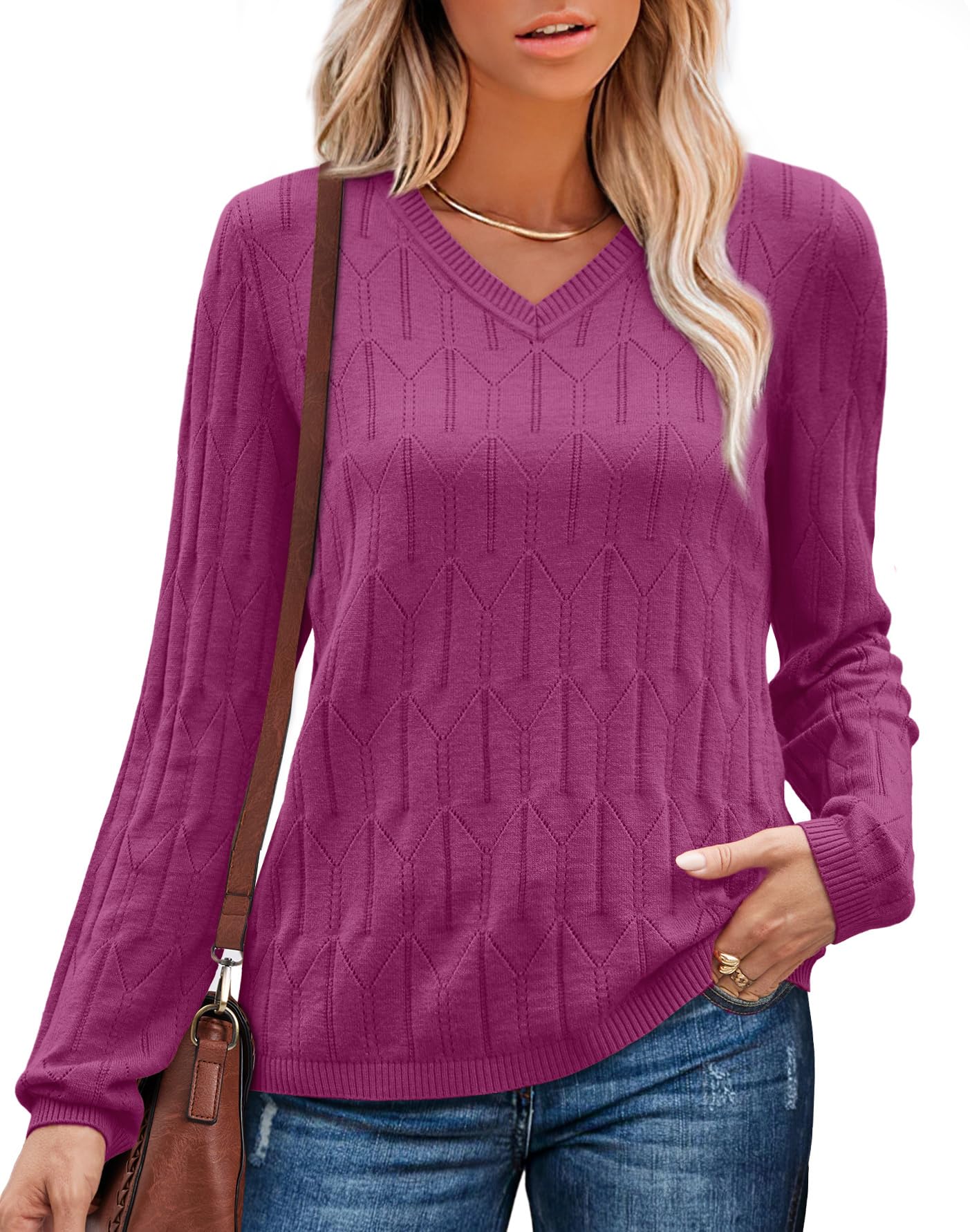 OFEEFAN Womens Sweaters Long Sleeve Shirts Fall Outfits 2025 V Neck Soft Knit Pullover Trendy Tops Dressy Casual Blouses