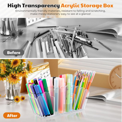 Novacrylion Scalloped Acrylic Pencil Holder – Clear Desk Organizer with 4 Compartments – Makeup Brush Holder & Remote Caddy for Office, Bathroom, Table – Party Accessory （4-Comp）