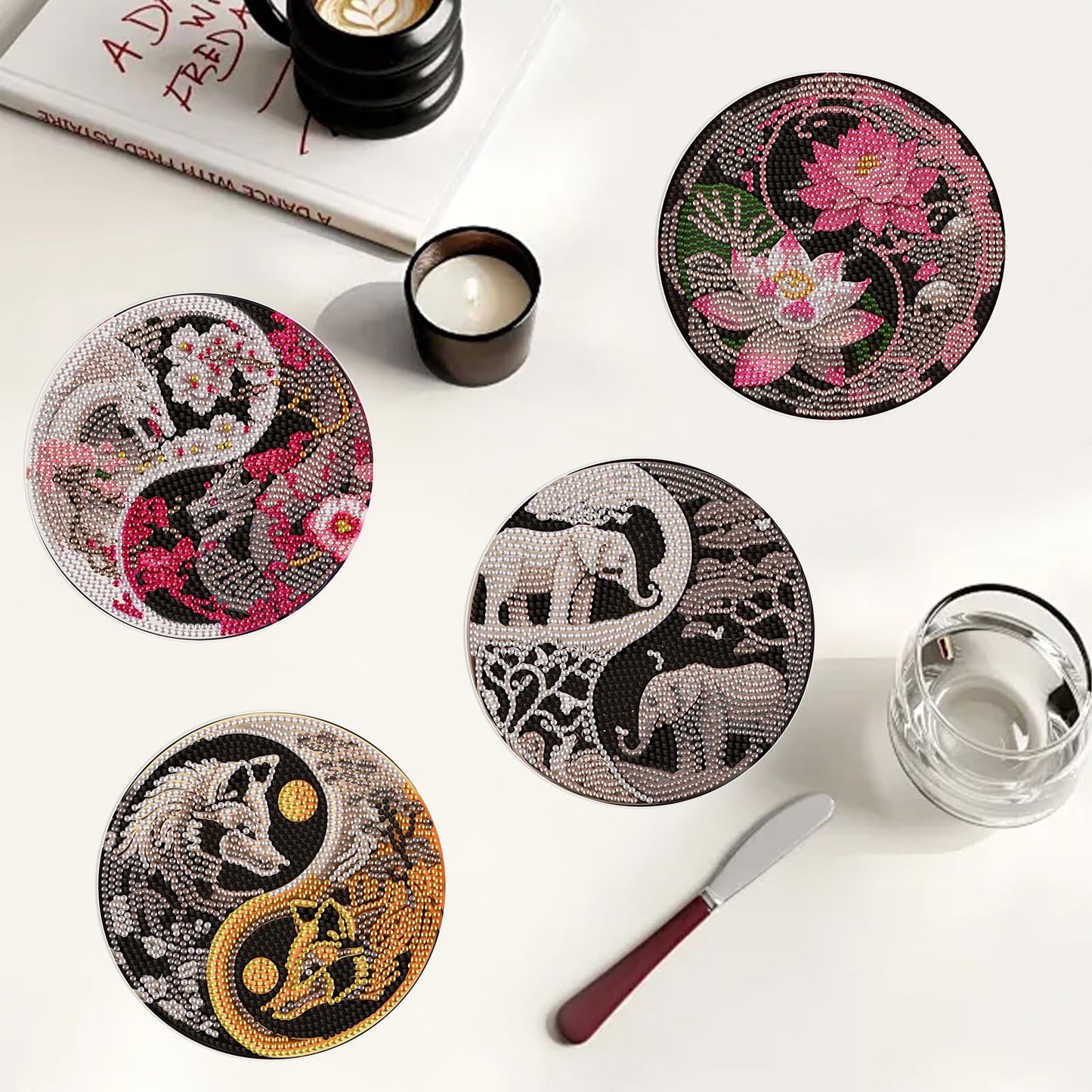 DIY Diamond Painting Placemats, Round Yin Yang Table Mats, 5.9 Inch, 4 Pack, Home Decor Craft Kit with Pen, Tray, and Clay Glue