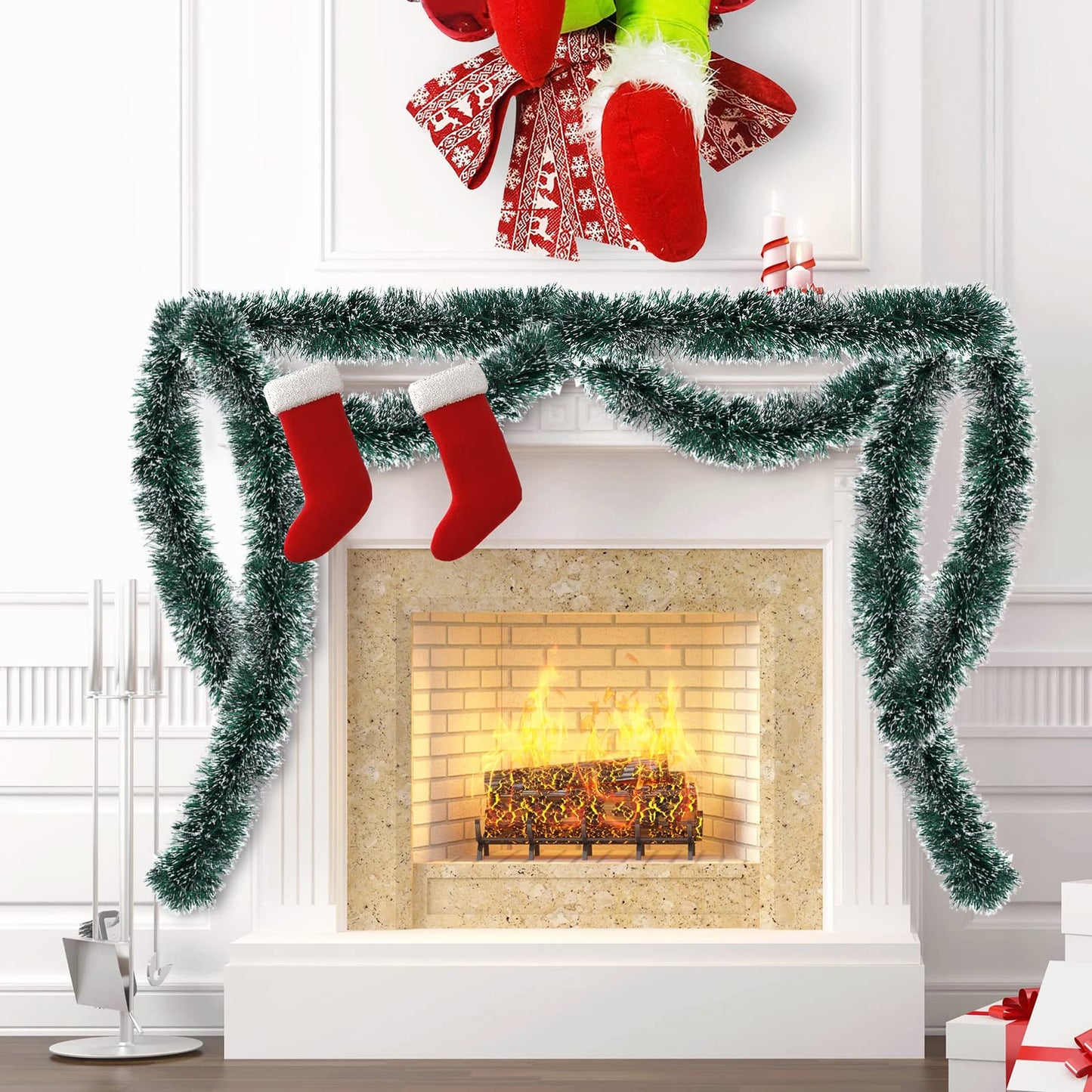 50FT Green Christmas Tinsel Garland Decorations to Christmas Tree, Thick and Thin Metallic Streamers Foil Tinsel Twist Garland Decor for Home Indoor Outdoor Party Supplies