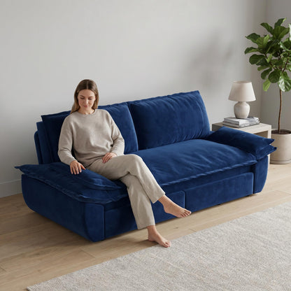 Trygoal Queen Sofa Bed, 3-in-1 Convertible Pull Out Couch, Velvet Couch with Pull Out Bed, Couch that Turns into Bed, Sleeper Sofa Bed for Living Room, Apartment, Small Space, Blue