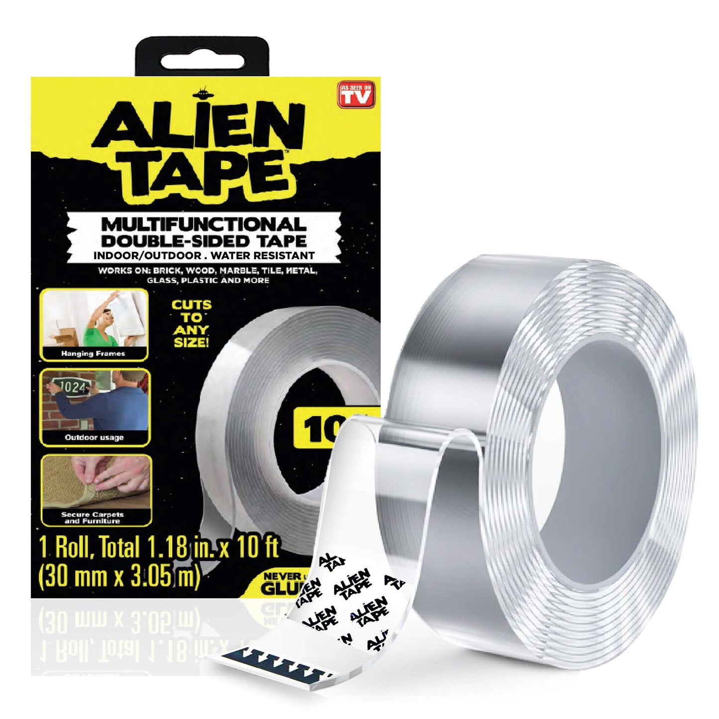 ALIEN TAPE Heavy Duty Double Sided Tape, Nano Tape, Feet Clear Adhesive Tape for Poster Photo Wall Decor As Seen on TV, (1 Roll - 10 Feet)