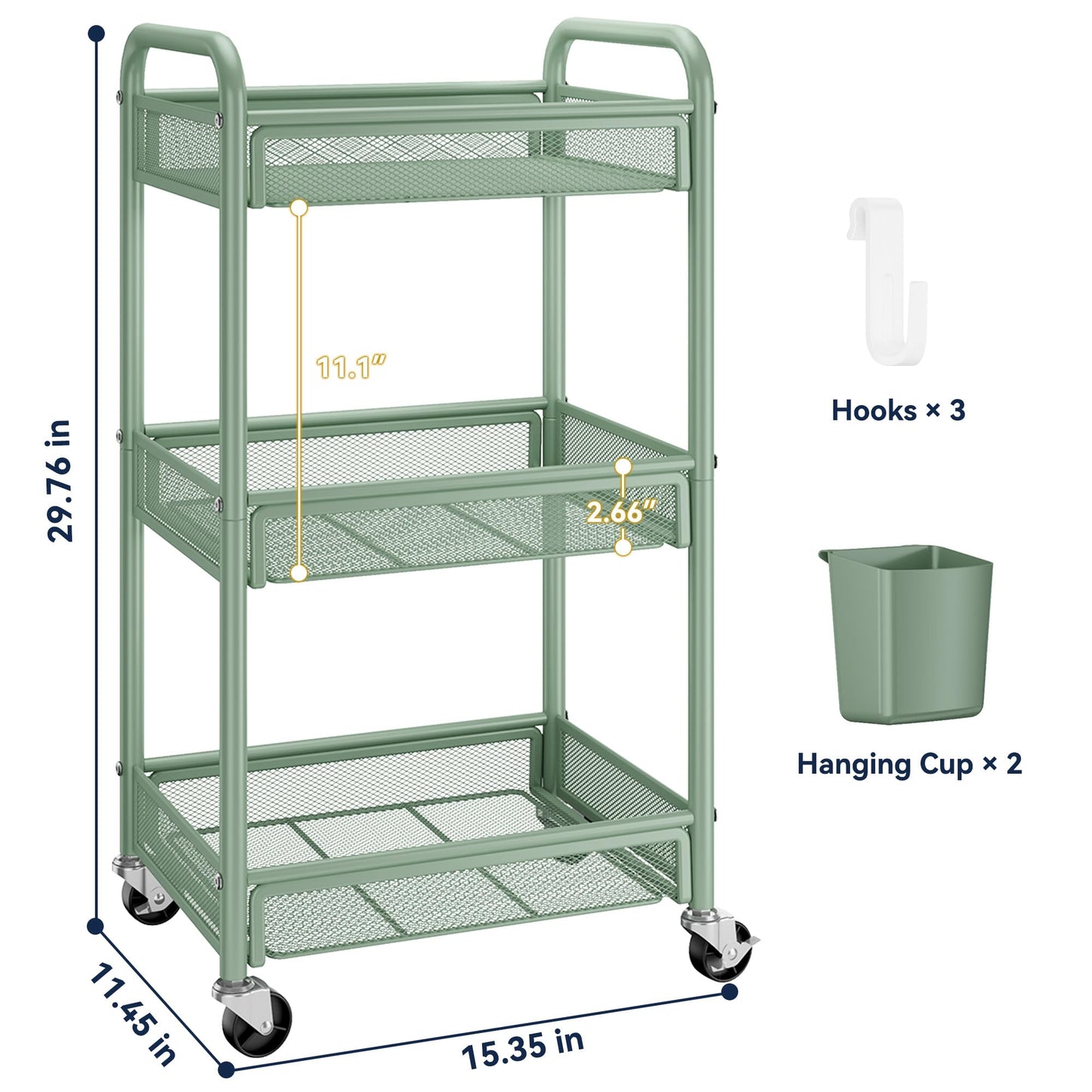 YASONIC 3 Tier Rolling Cart – Metal Utility Storage Carts with Wheels, Craft Carts Organizer with Hanging Cups, Hooks, Mesh Basket for Bedside Kitchen Office Art, Green