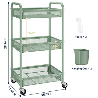 YASONIC 3 Tier Rolling Cart – Metal Utility Storage Carts with Wheels, Craft Carts Organizer with Hanging Cups, Hooks, Mesh Basket for Bedside Kitchen Office Art, Green