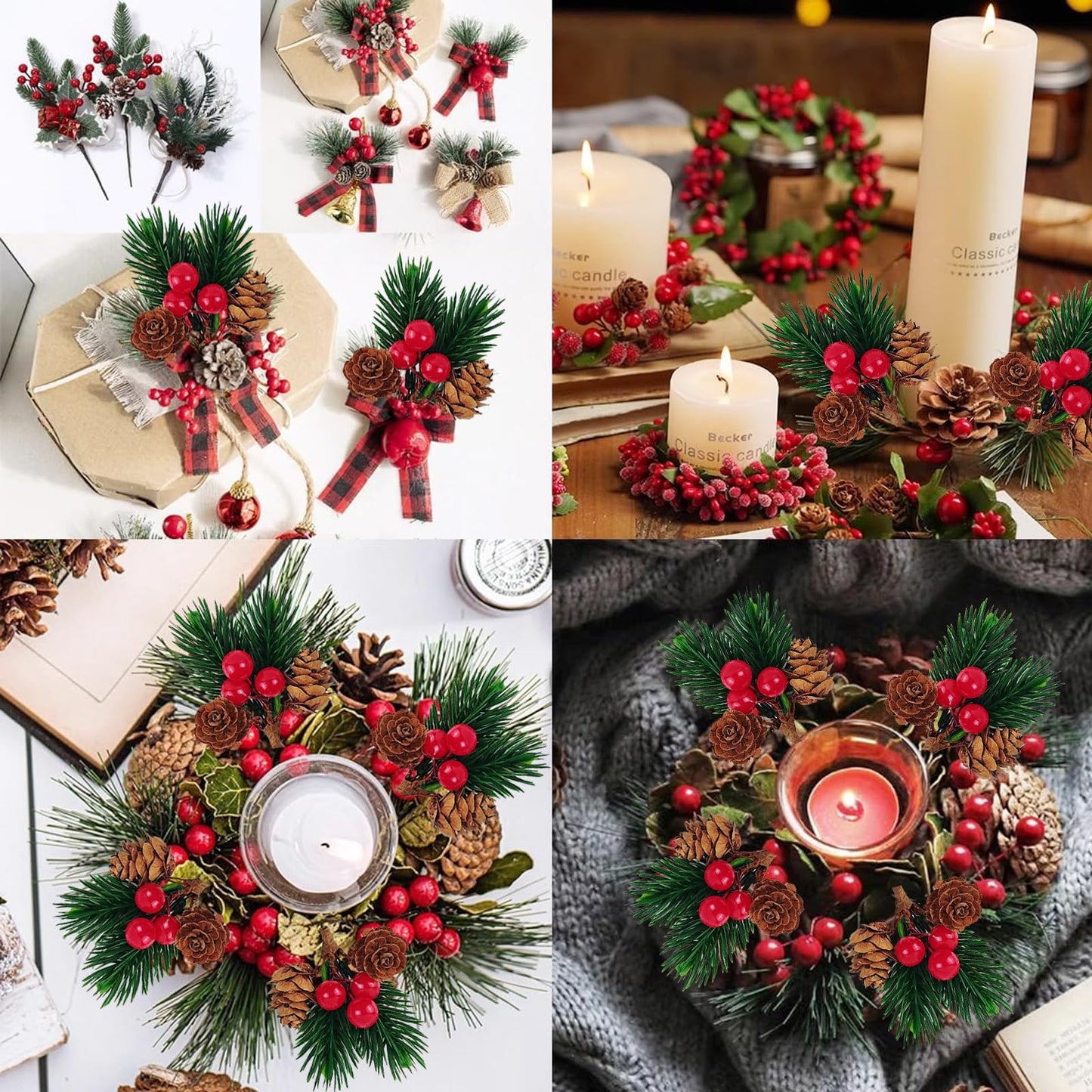 GXXMEI 30PCS Christmas Floral Picks, Pine Cone Holly Berry Stems for Crafts, Artificial Christmas Picks and Sprays, Red Berry Branches Greenery for Christmas Home Decor, Garland, Wreath