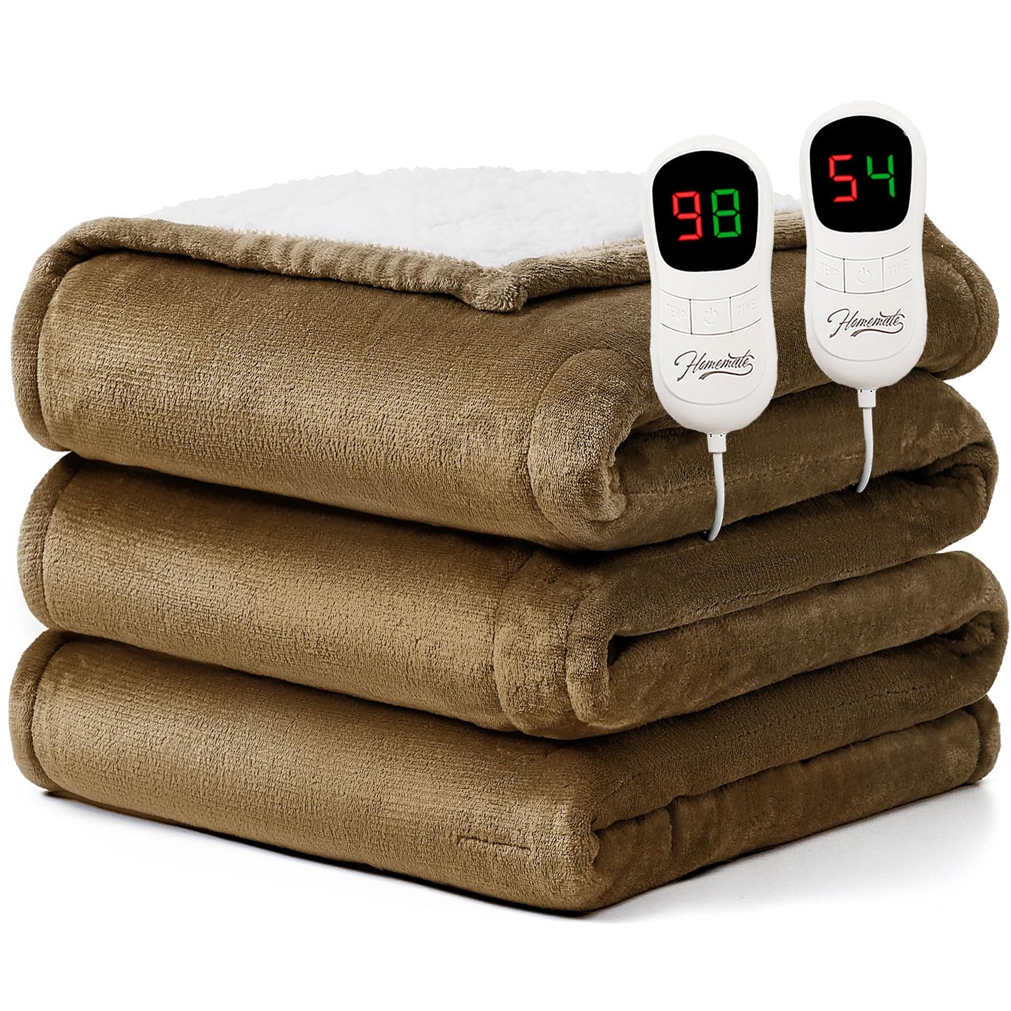 Homemate Heated Blanket Electric Throw - 50"x60" Heating Blanket Throw 1/2/4/6/8 Hours Auto-Off 10 Heat Level Over-Heat Protection Flannel Sherpa ETL Certification