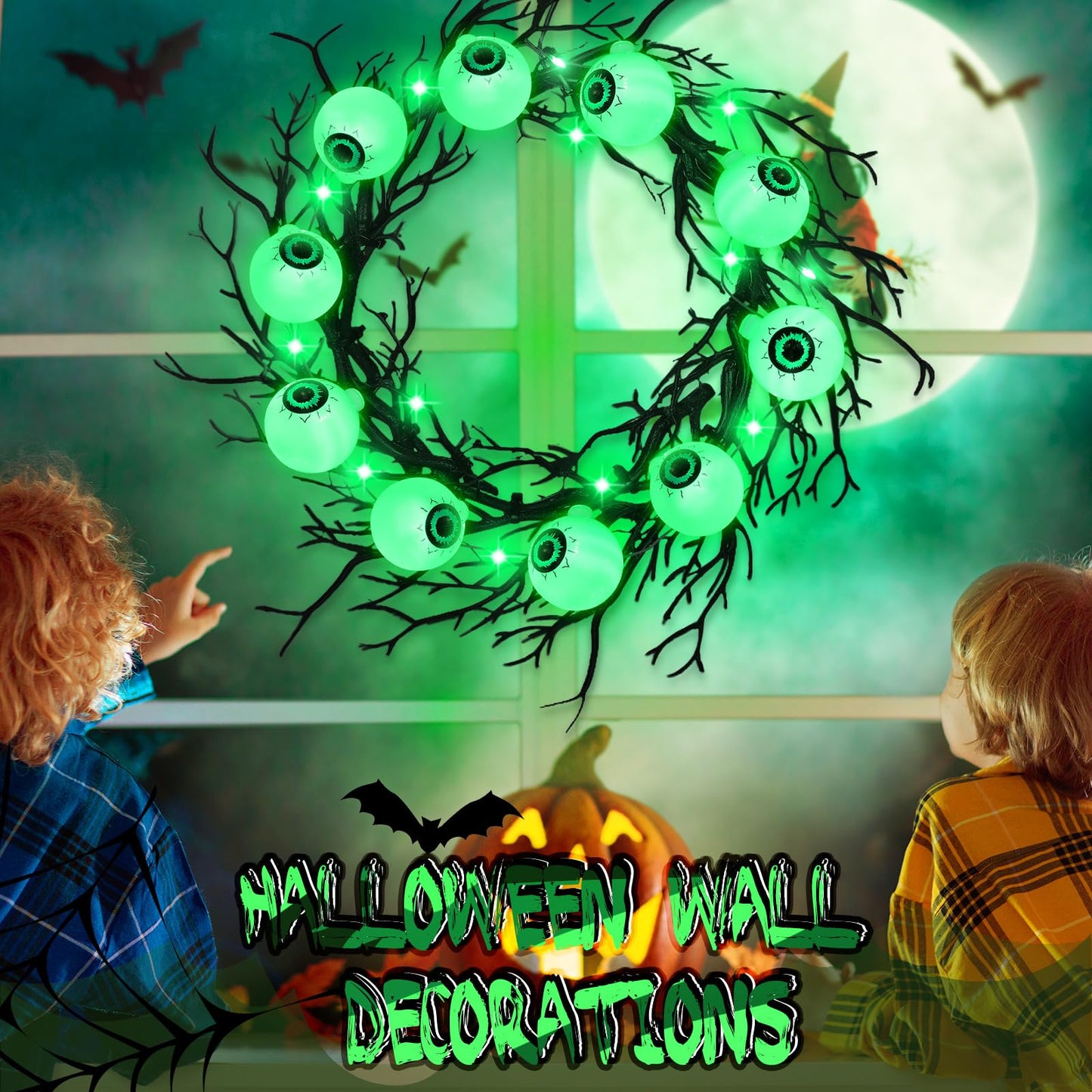 Dingion 18'' Halloween Eyeball Wreath for Front Door Light up Eyeball Wreath Decoration LED Halloween Garland with Black Dead Branch Garland Battery Operated Glowing Creepy Party Favor Wall Outdoor