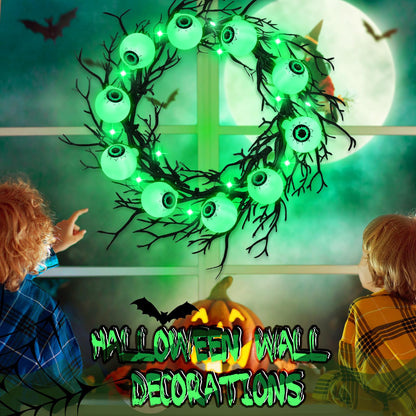 Dingion 18'' Halloween Eyeball Wreath for Front Door Light up Eyeball Wreath Decoration LED Halloween Garland with Black Dead Branch Garland Battery Operated Glowing Creepy Party Favor Wall Outdoor