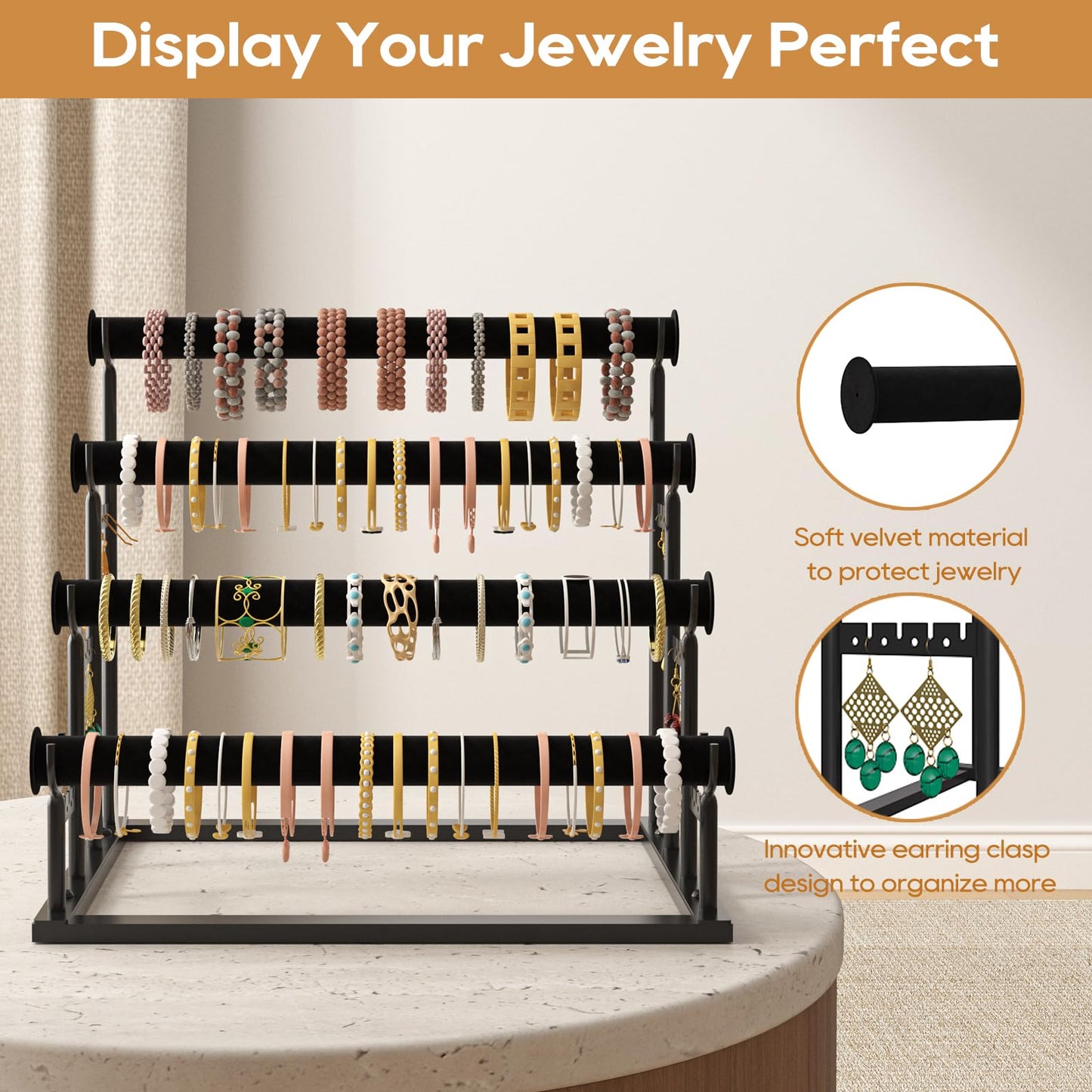 ORLESS 4 Tier Bracelet Holder, Detachable Velvet Jewelry Display Stand, T-Bar Necklace Storage Organizer Display Stand, Metal Bracelet Holder Display for Bangles Watch Bracelets Scrunchies(Black)