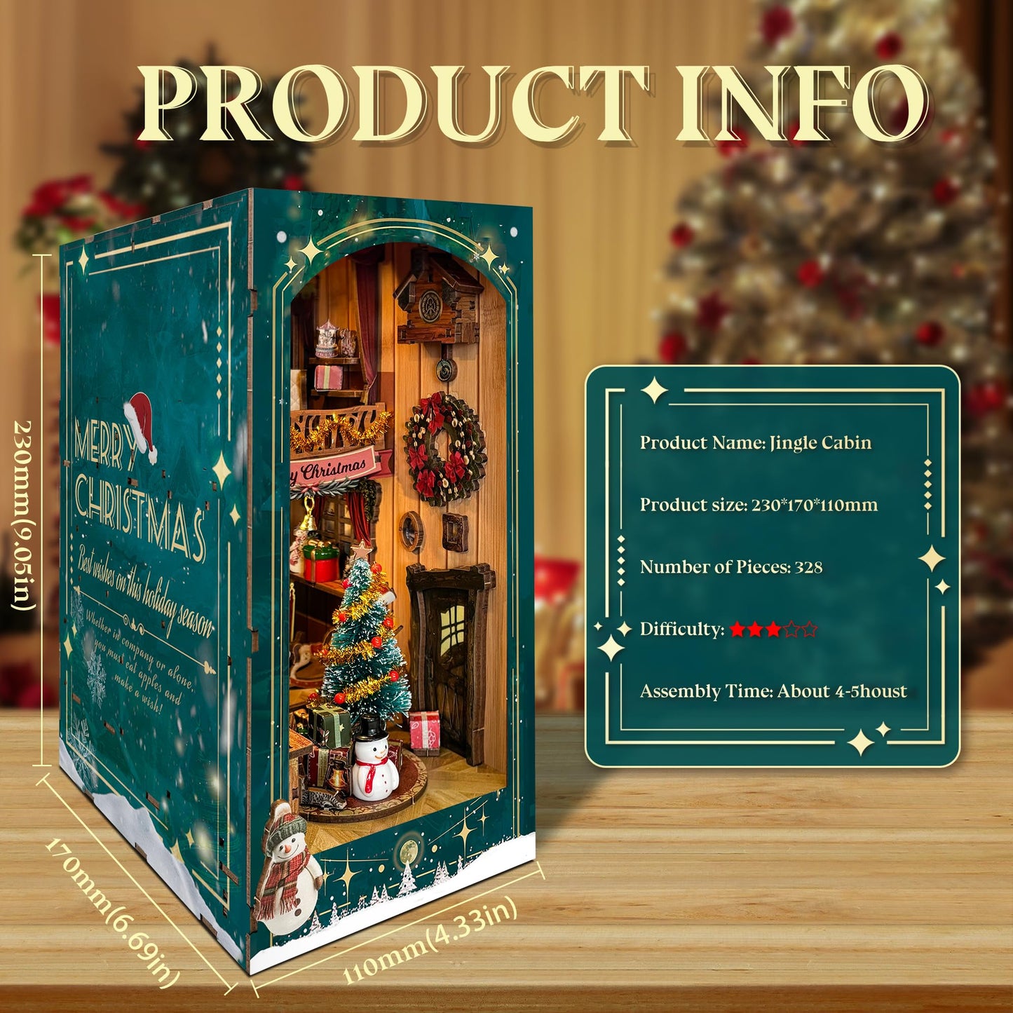 Strucwood Christmas Book Nook Kit with LED Light - 3D Wooden Puzzles Booknook for Book Shelf Decor - DIY Dollhouse Kit - Book Nooks Decor with Dust Cover Jingle Cabin(SQ-34)