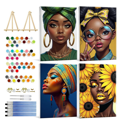 HeeBenor 4 Pack Black Women Paint by Numbers Kit for Adults Framed Canvas, Black Women Paint by Number with Easel, DIY Adult Paint by Number Kits Framed Canvas for Home Decor 8x12 Inch