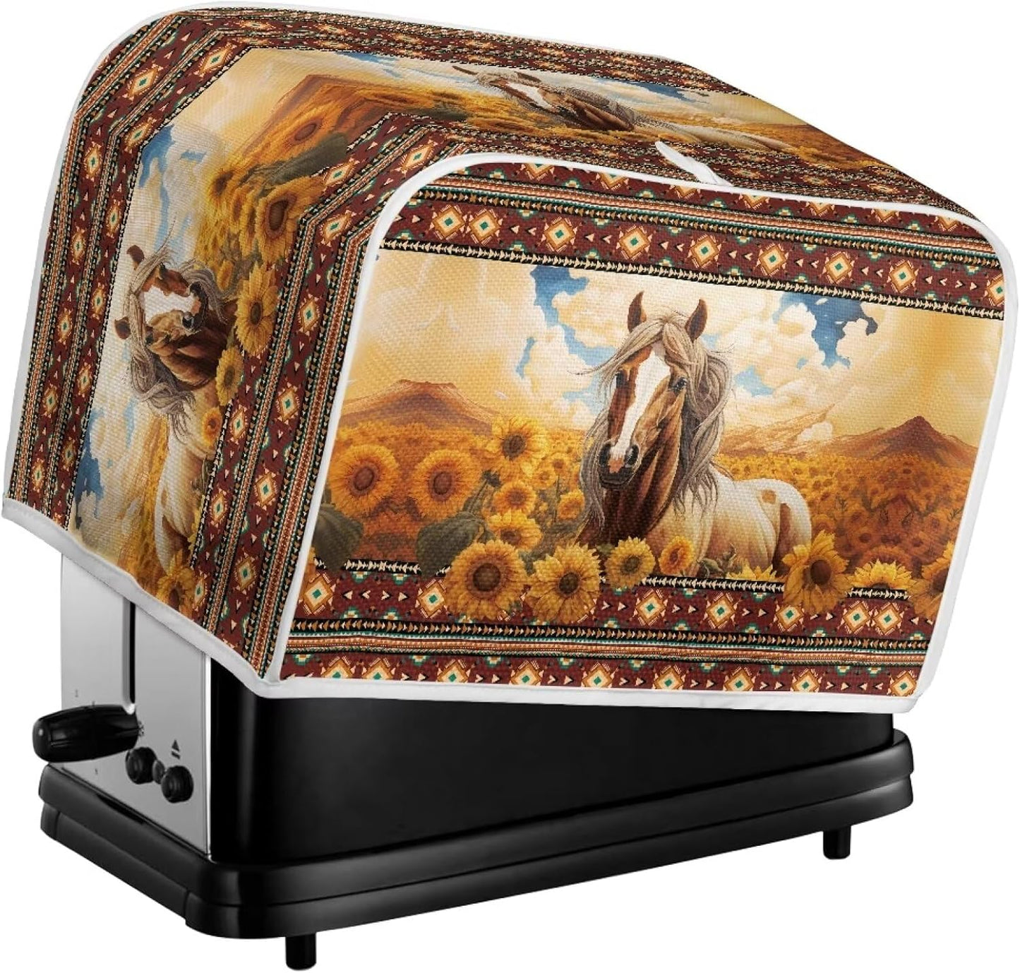 Aztec Horse Bread Toaster Cover 2 Slice, Sunflower Washable Dustproof Cover, Small Decorative Toaster Cover