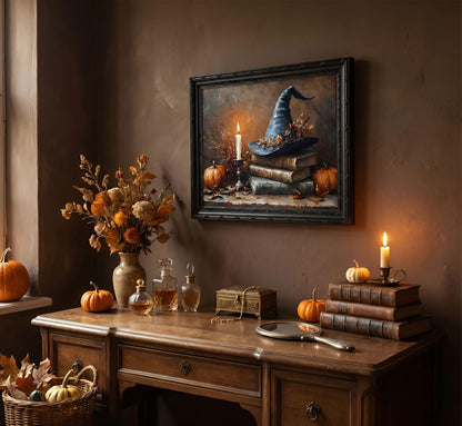 Black Framed Halloween Witch Hat With Book Canvas Wall Art 9X11in